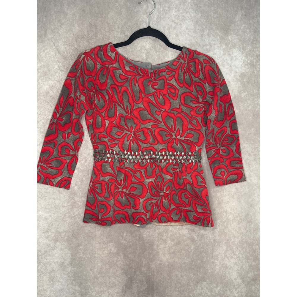 NWT Tabitha Anthropologie Wool Floral Embellished‎ Red Gray Top